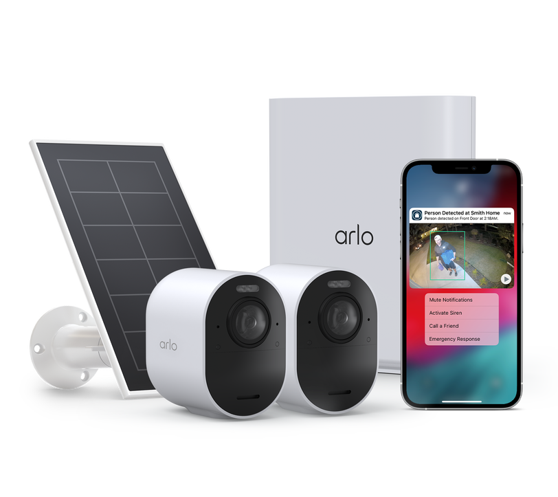 Arlo Secure Annual Plan + Ultra 2 - 2 Camera Kit + Solar Panel Charger, in white, facing right